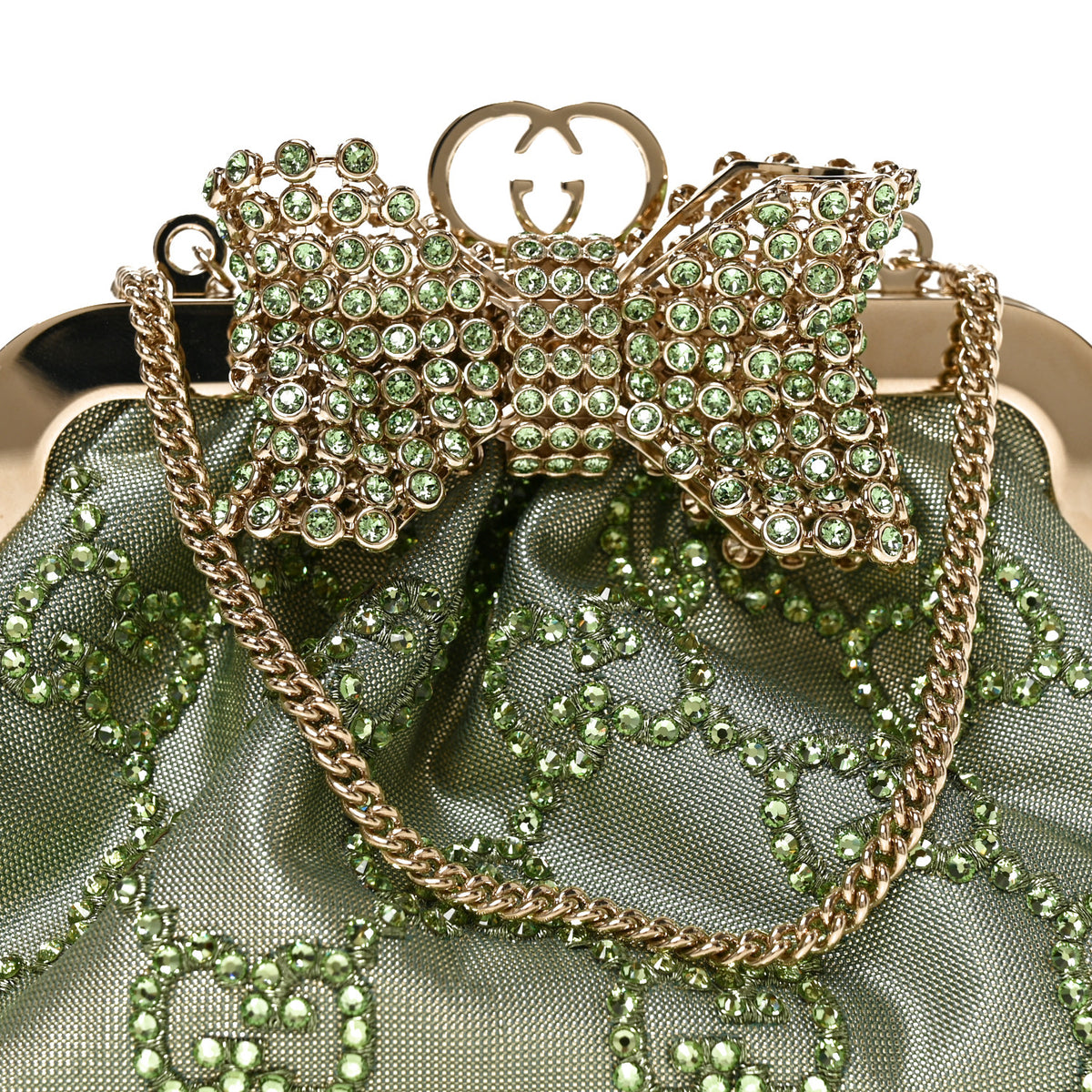 Nylon Crystal GG Monogram Mini Bow Clutch With Chain Green