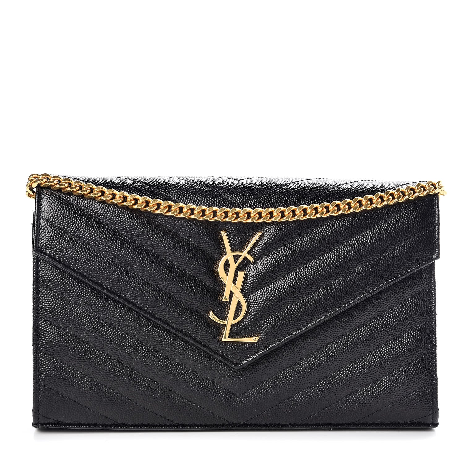 Saint Laurent Grain De Poudre Matelasse Chevron Monogram Chain Wallet Black 1 of 10