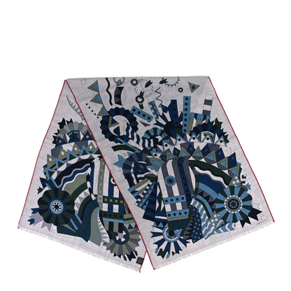 Hermes Cashmere Silk Cheval De Fete Rectangle Shawl Gris Chine Vert Bleu 2 of 4