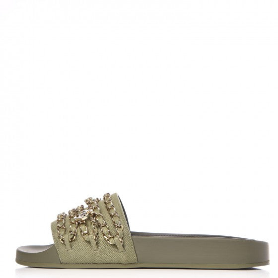 Canvas Chain Flat Sandals 36 Khaki