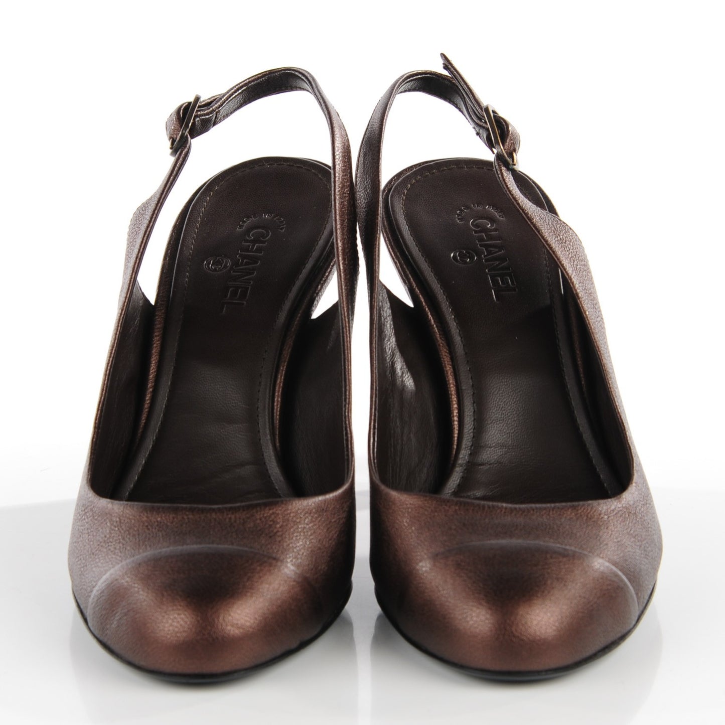 Metallic Lambskin Cap Toe Slingback Pumps 38 Brown