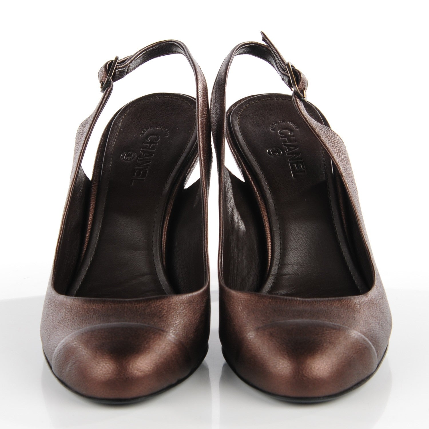 Chanel Metallic Lambskin Cap Toe Slingback Pumps 38 Brown 2 of 7