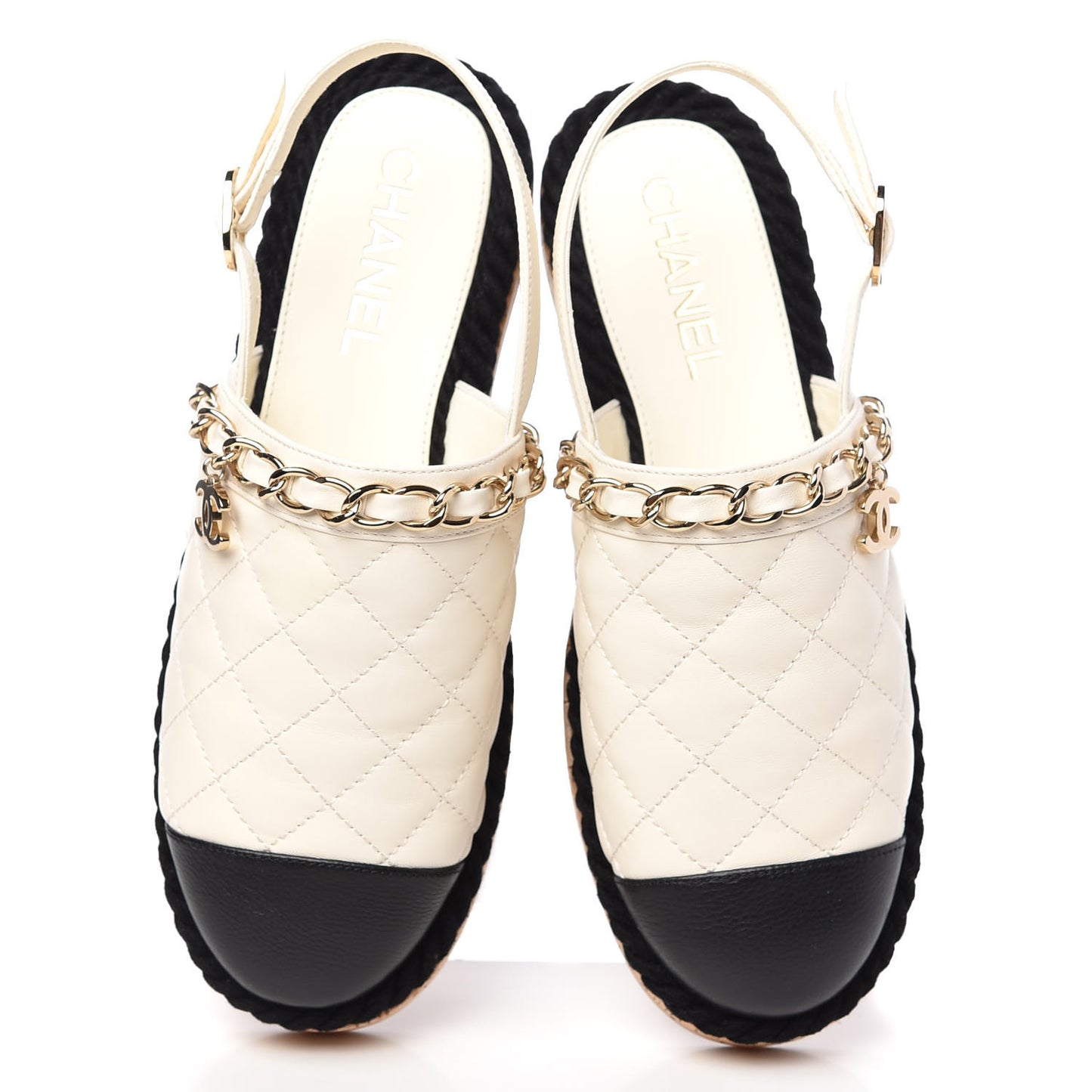 Lambskin Calfskin Cap Toe Chain Mules Sandals 36 Ivory Black