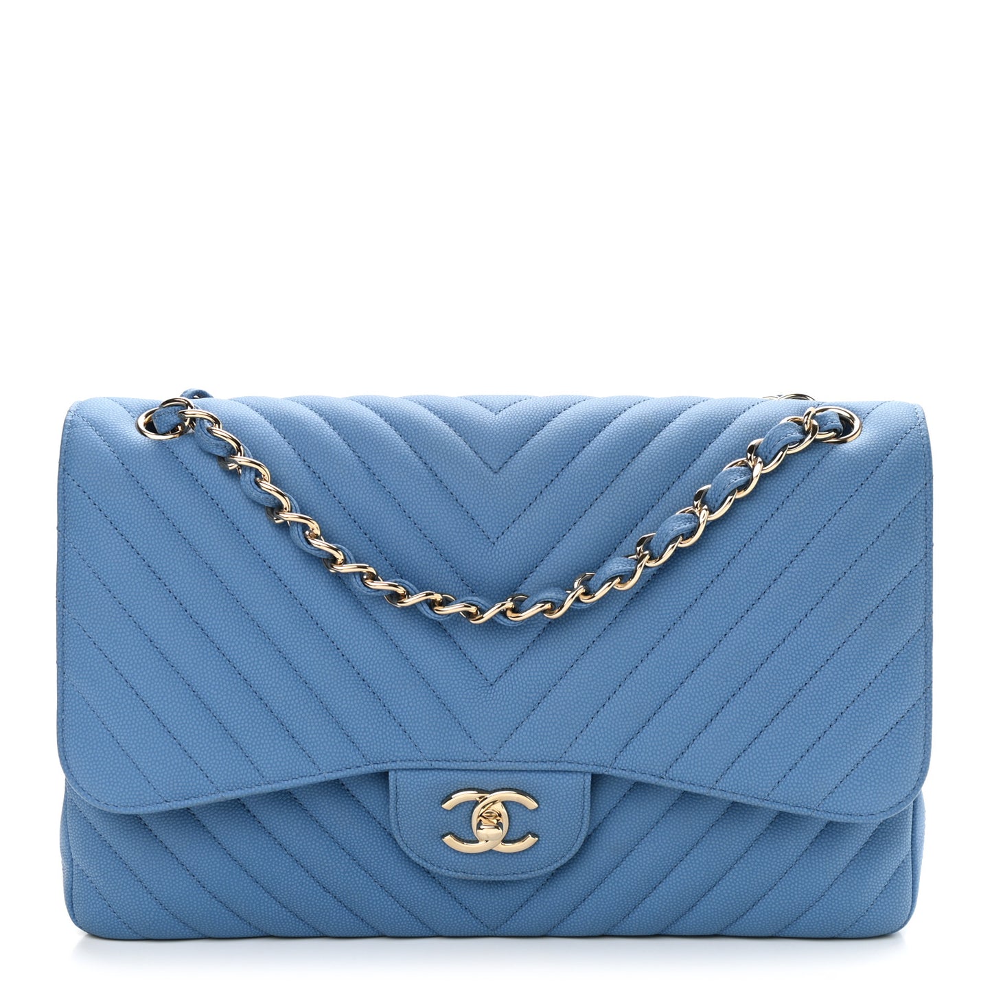Caviar Flat Chevron Quilted Jumbo Double Flap Blue