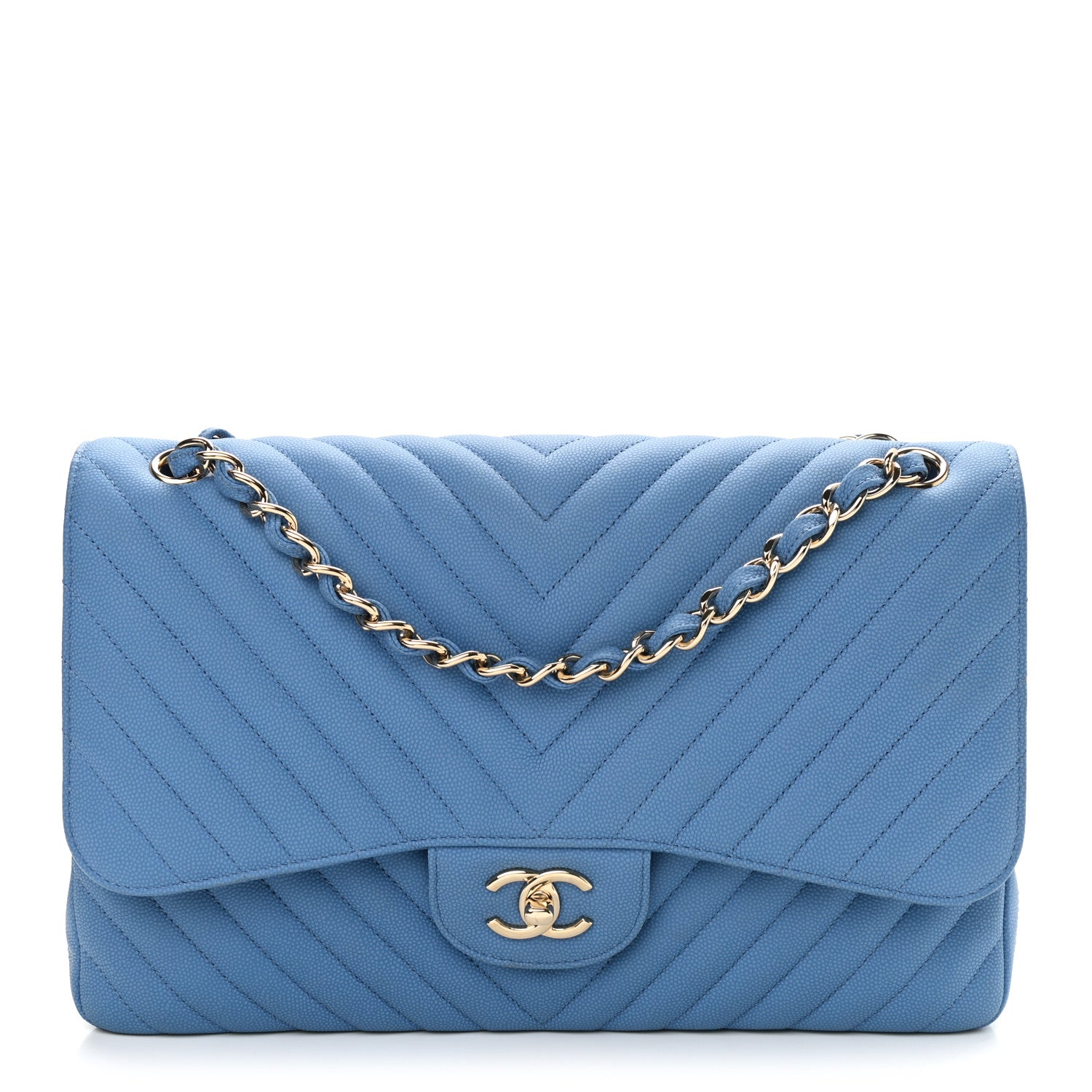 Chanel Caviar Flat Chevron Quilted Jumbo Double Flap Blue 1 of 12