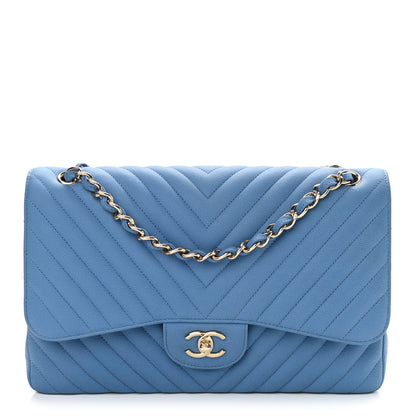 Chanel Caviar Flat Chevron Quilted Jumbo Double Flap Blue 1 of 12
