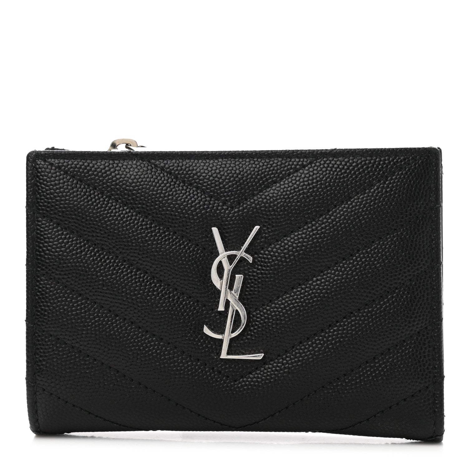 Saint Laurent Grain De Poudre Matelasse Chevron Monogram Zipped Two-Part Wallet Black 1 of 8
