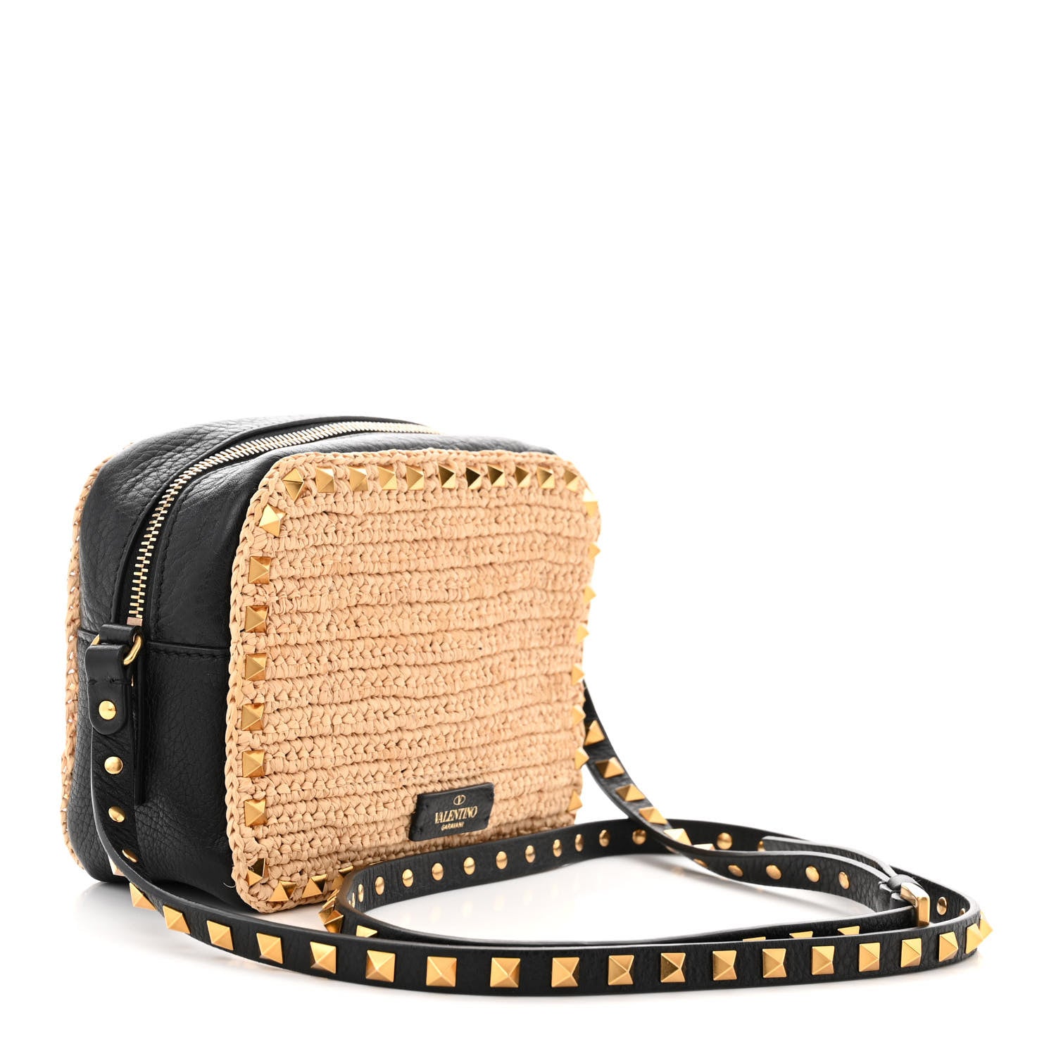 Valentino Garavani Straw Rockstud Camera Crossbody Bag Beige Black 3 of 9