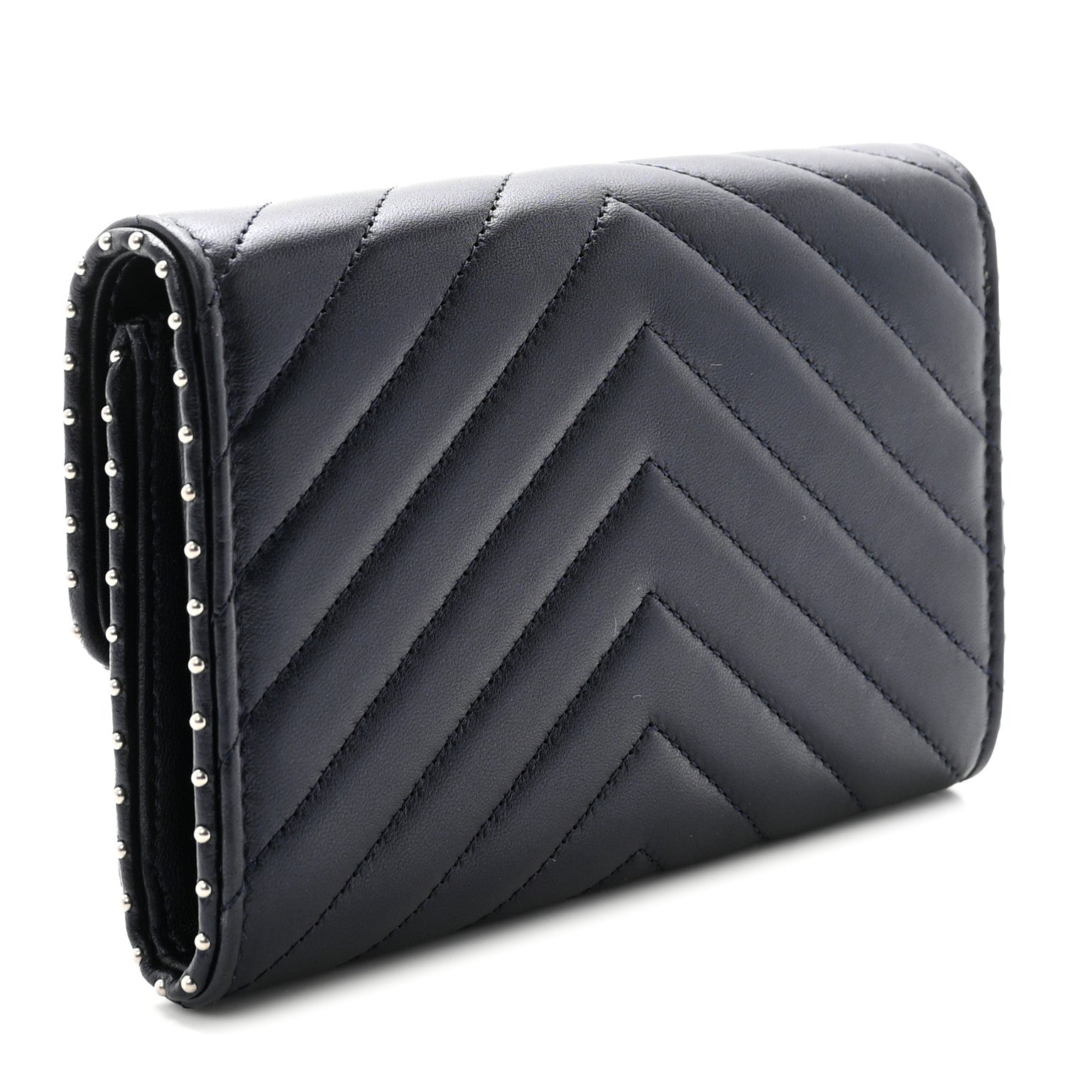 Chanel Lambskin Chevron Quilted Studded Small Flap Wallet Navy Blue 3 of 8