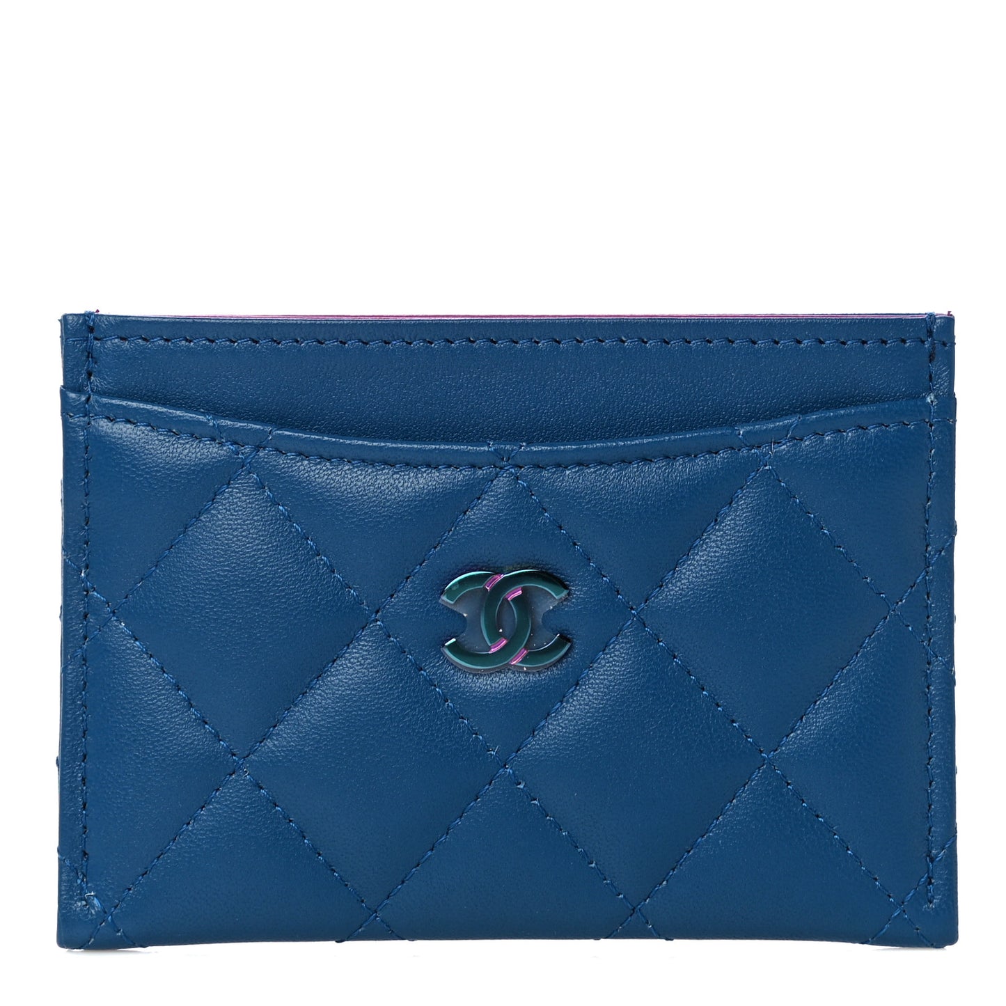 Lambskin Quilted Card Holder Blue Pink