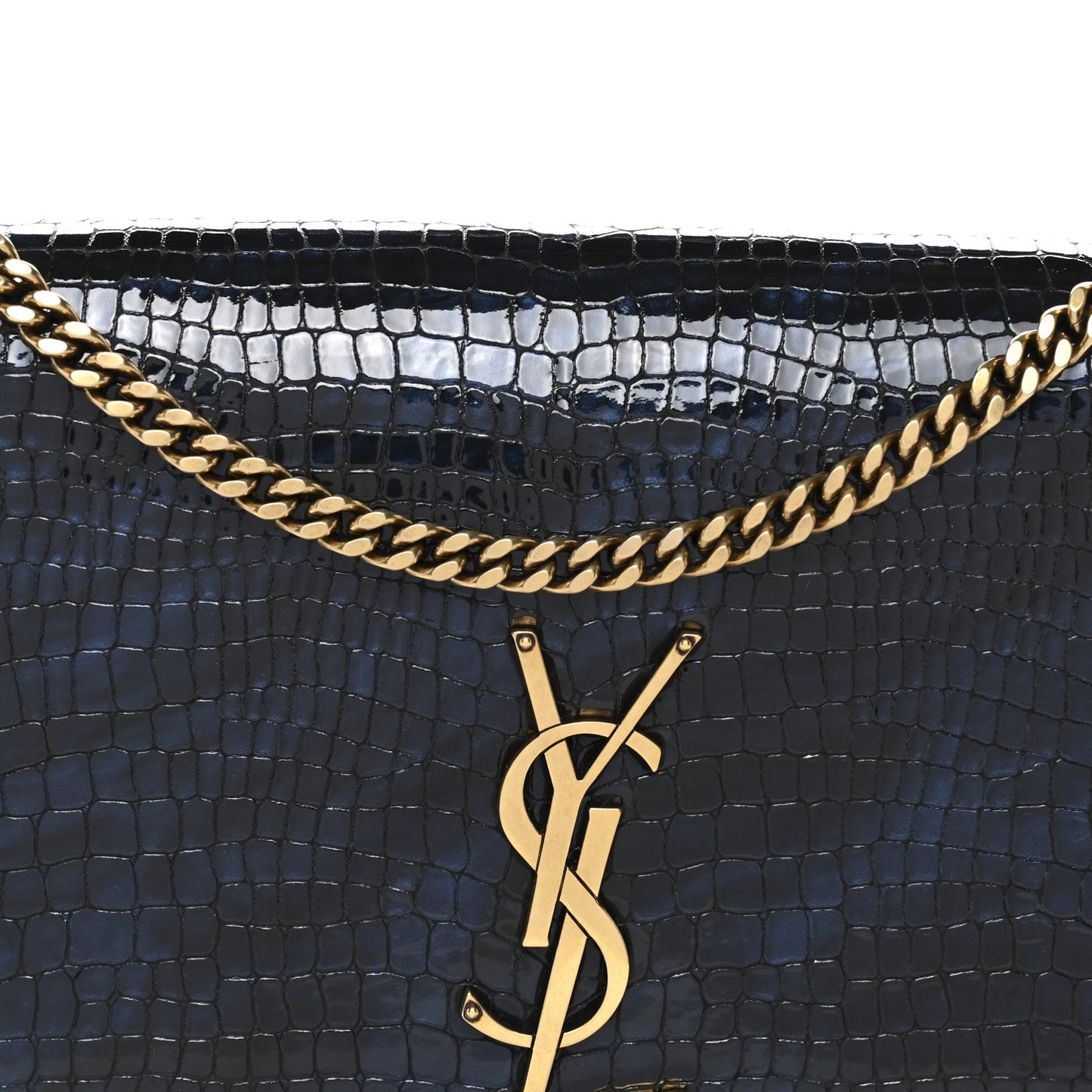 Calfskin Crocodile Embossed Medium Classic Monogram Kate Tassel Satchel Black Blue