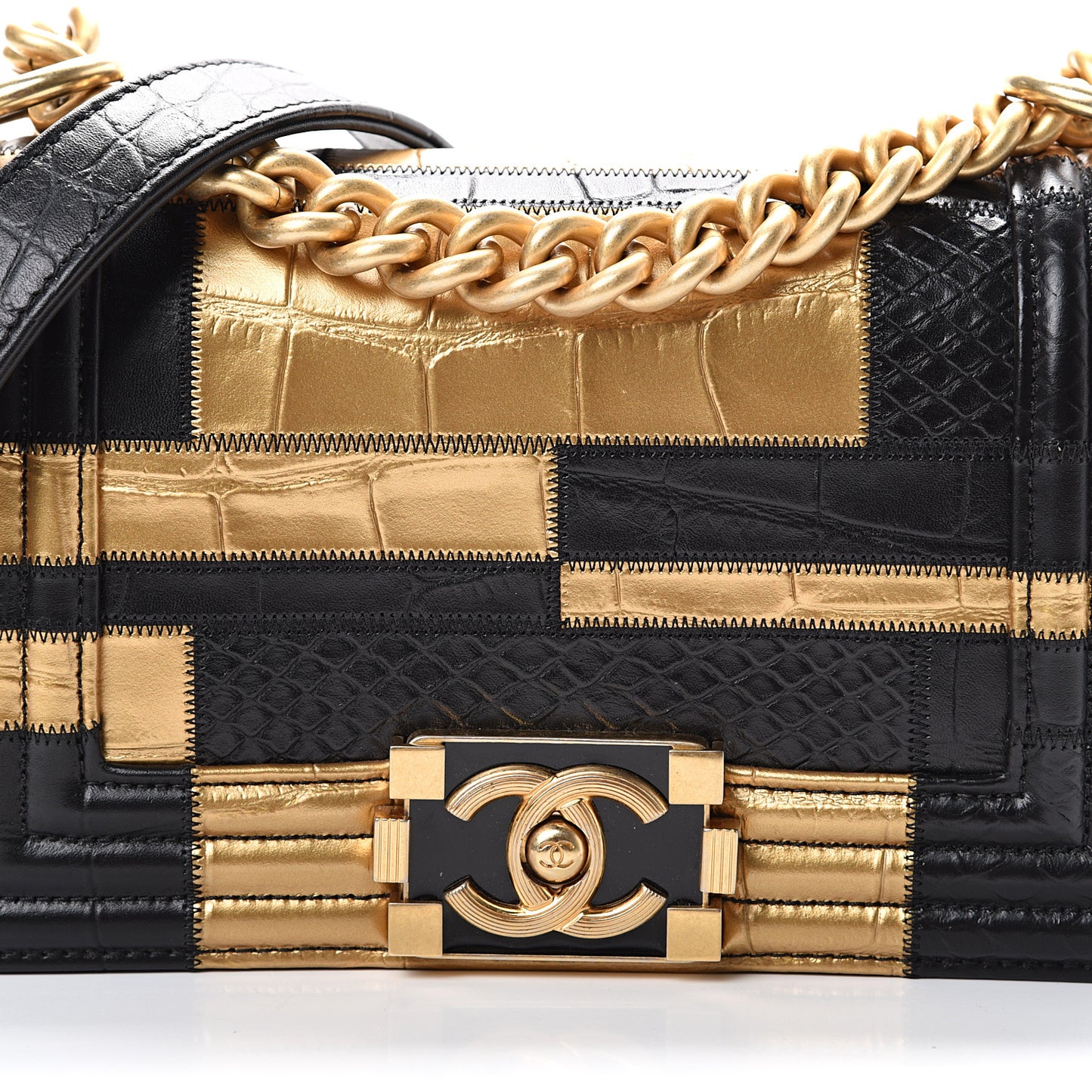 Crocodile Python Calfskin Embossed Small Boy Flap Black Gold