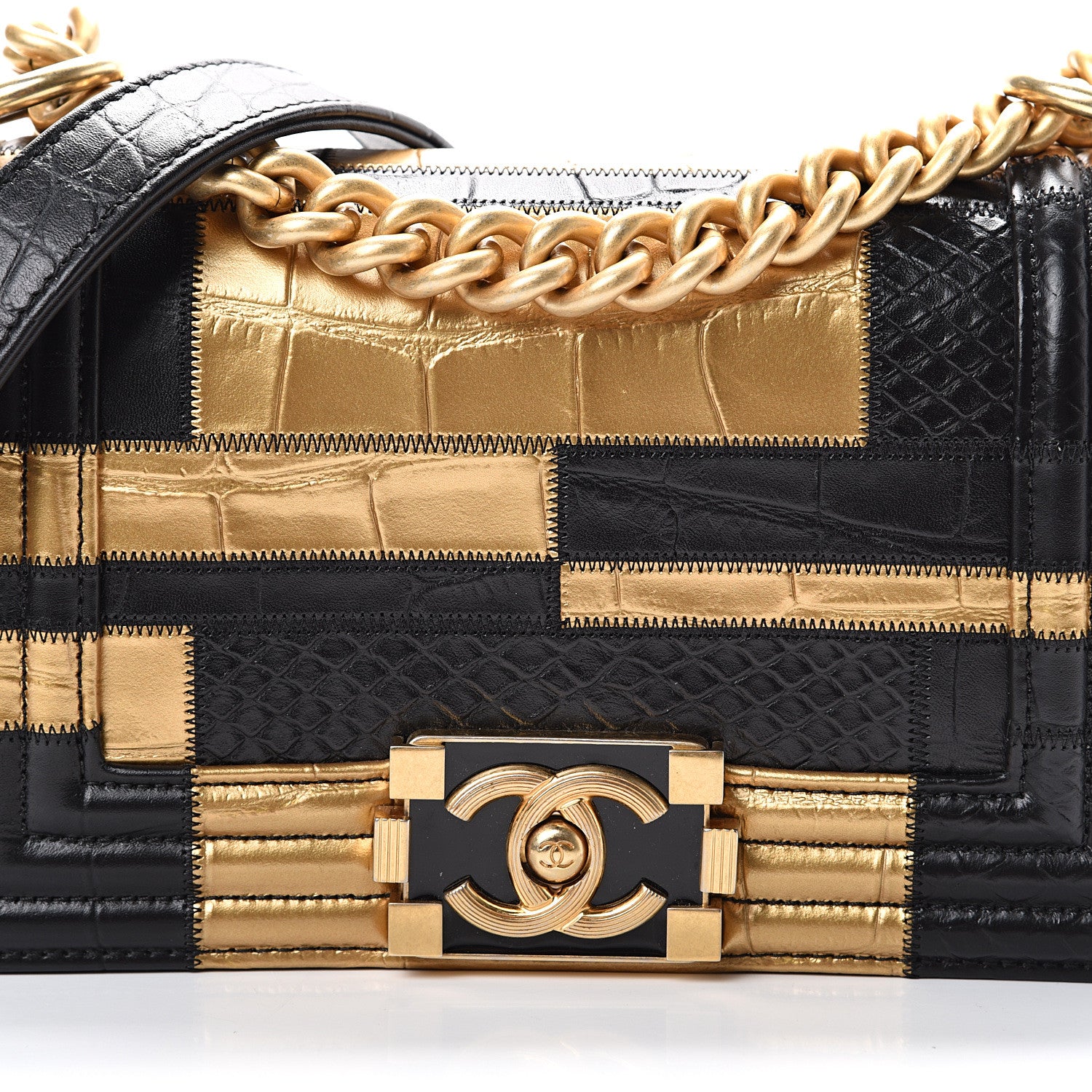 Chanel Crocodile Python Calfskin Embossed Small Boy Flap Black Gold 10 of 13