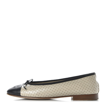 Chanel Lambskin Perforated Cap Toe Ballerina Flats 36 Beige Black 1 of 9