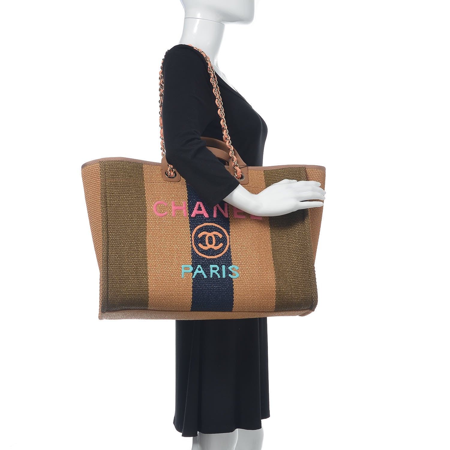 Chanel Straw Raffia Calfskin Striped Large Deauville Tote Khaki Beige Navy Blue 2 of 11