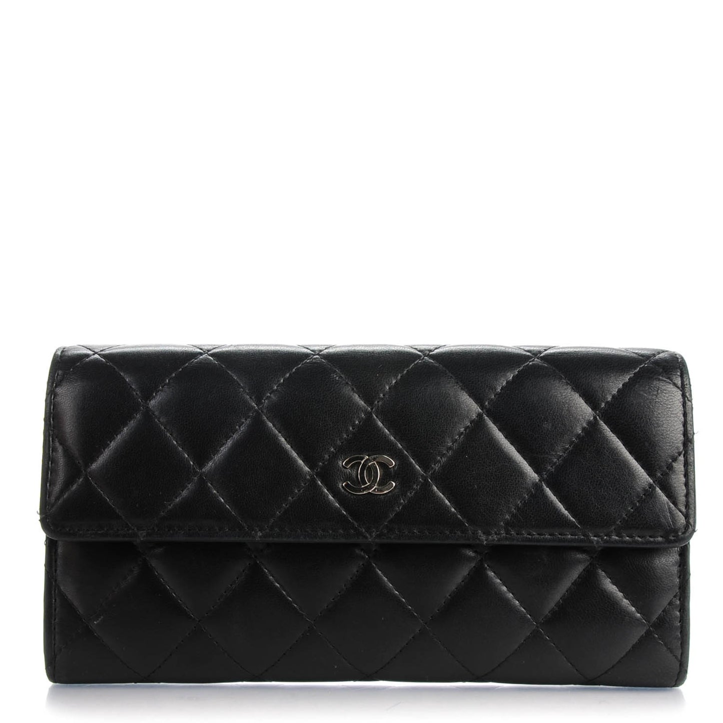 Lambskin Quilted Large Gusset Flap Wallet Black