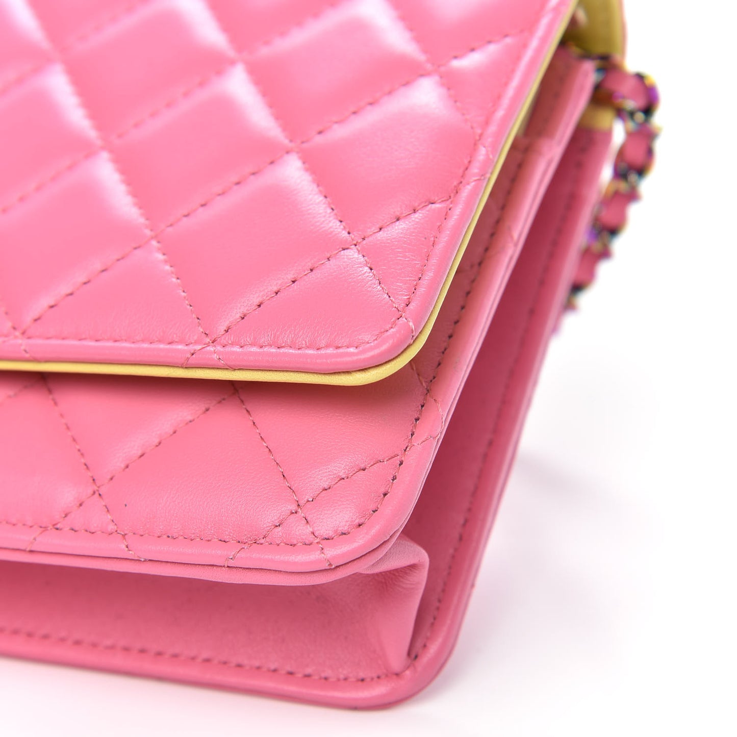 Lambskin Quilted Wallet On Chain WOC Pink Yellow