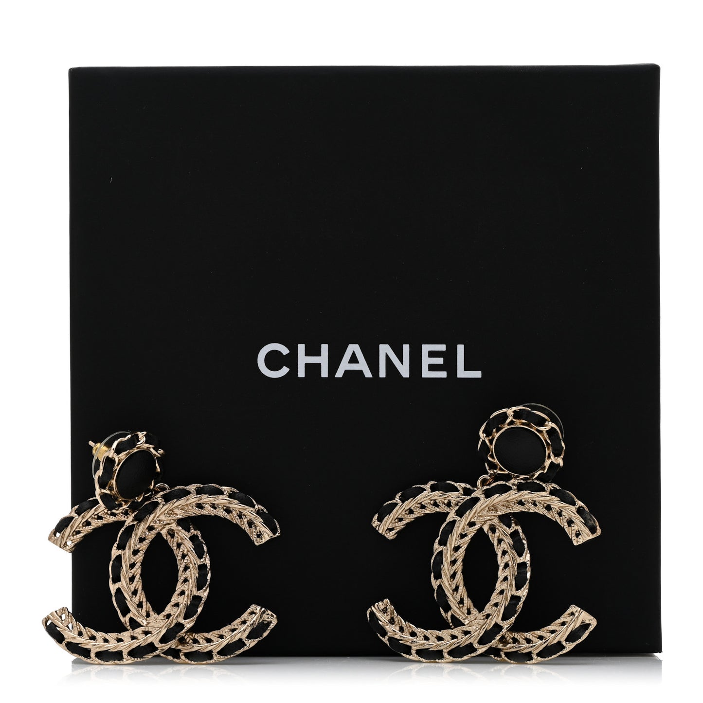 Lambskin CC Chain Drop Earrings Black Gold