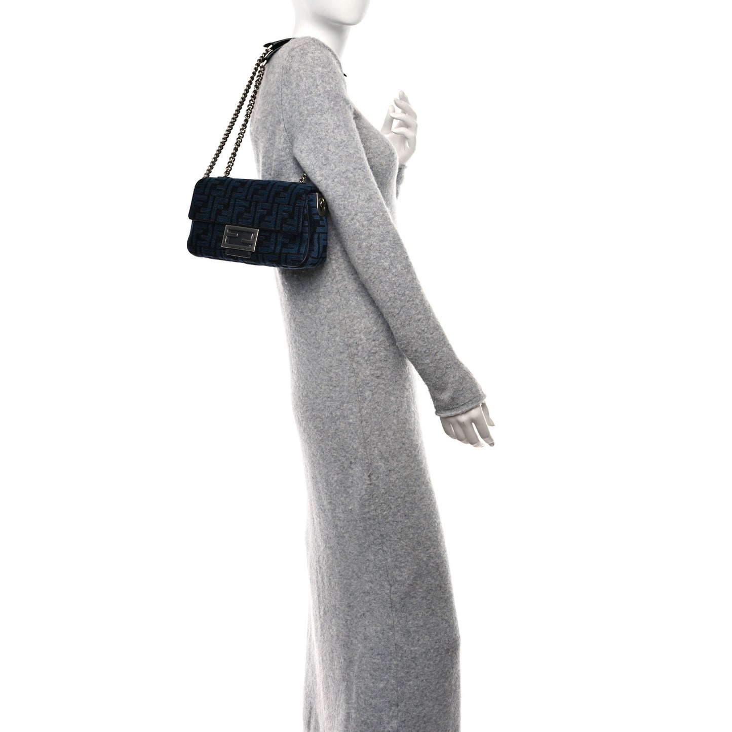 Chenille Vitello Seta FF Midi Chain Baguette Blue Black