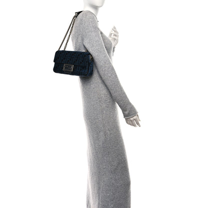 Fendi Chenille Vitello Seta FF Midi Chain Baguette Blue Black 2 of 9