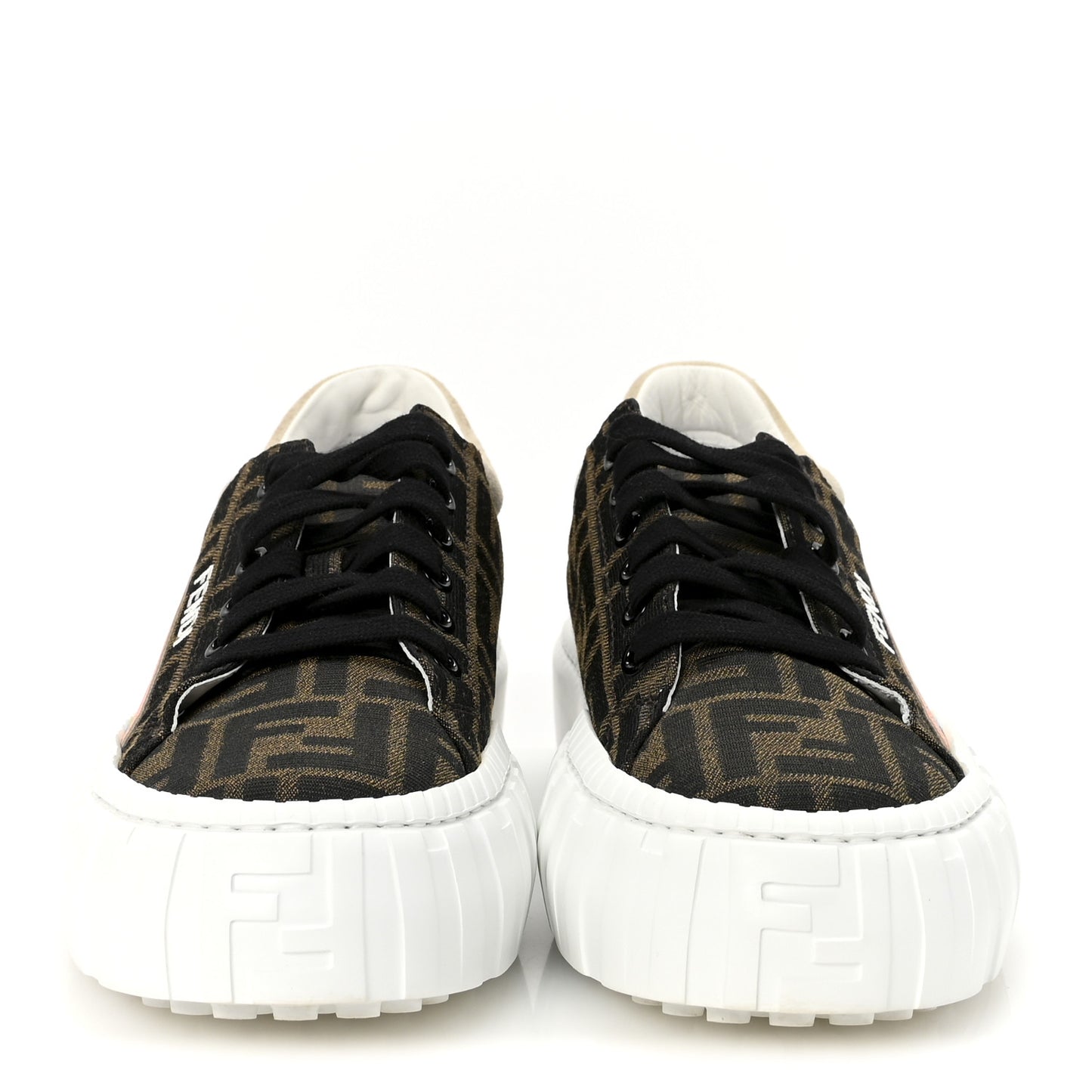 Fabric Jacquard FF Rainbow Womens Fendi Force Low-Top Sneakers 38.5 Tobacco Black White Multicolor