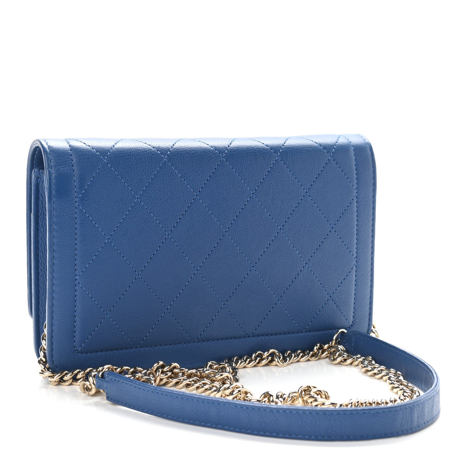 Chanel Grained Calfskin Quilted Label Click Flap Wallet On Chain WOC Blue 3 of 12