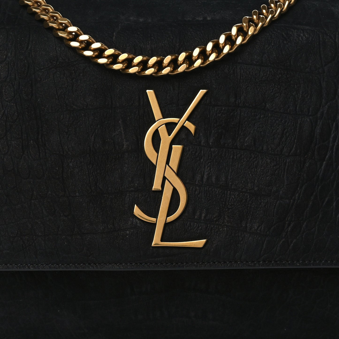 Calfskin Crocodile Embossed Suede Medium Reversible Monogram Kate Satchel Black Navy