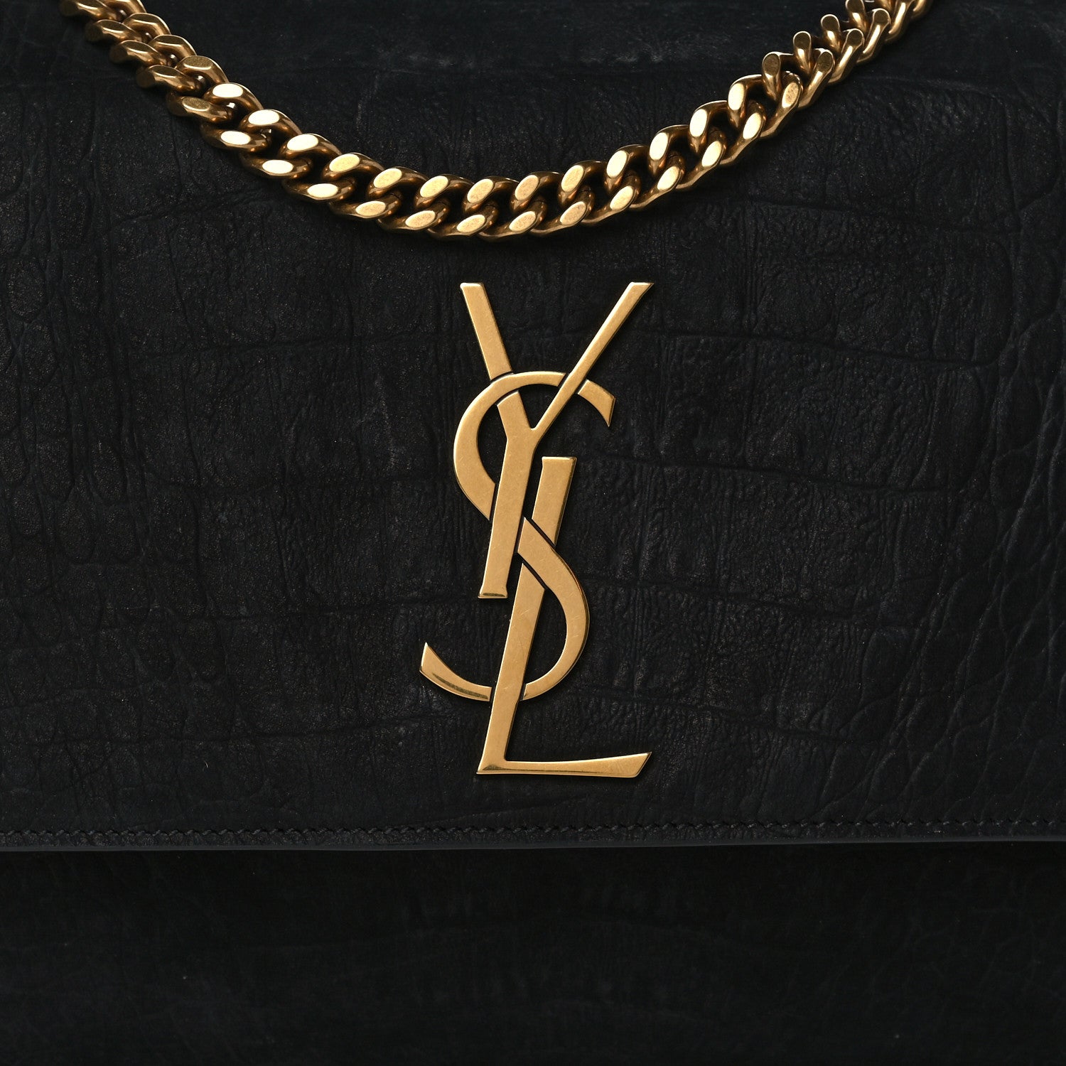 Saint Laurent Calfskin Crocodile Embossed Suede Medium Reversible Monogram Kate Satchel Black Navy 7 of 14