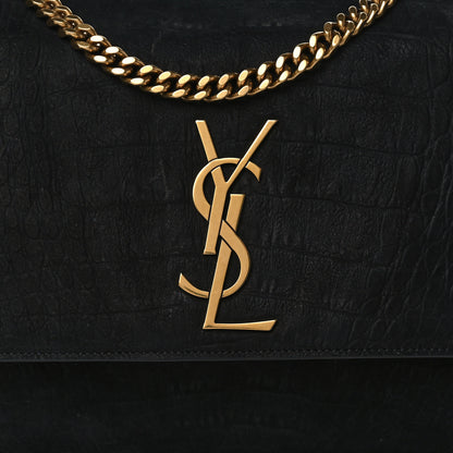 Saint Laurent Calfskin Crocodile Embossed Suede Medium Reversible Monogram Kate Satchel Black Navy 7 of 14