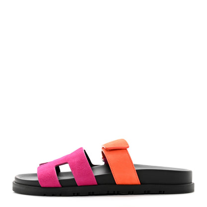 Hermes Suede Goatskin Womens Chypre Sandals 37 Rose Chapas Orange Synthetique 1 of 9