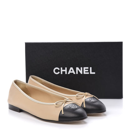 Chanel Lambskin Cap Toe CC Ballerina Flats 40 Beige Black 9 of 9