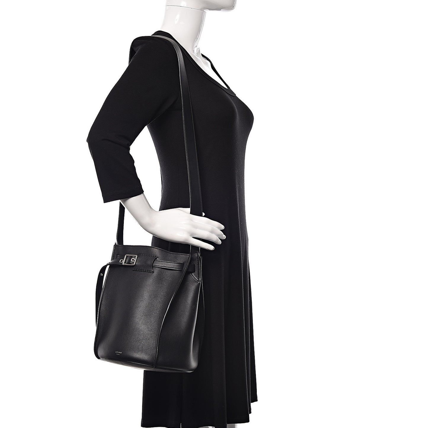 Smooth Calfskin Long Strap Big Bucket Bag Black