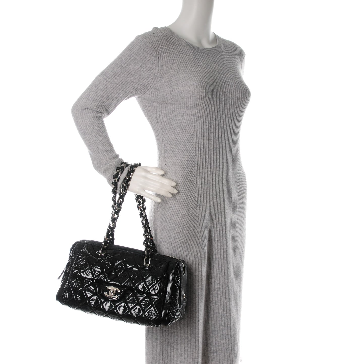 Patent Quilted Day Glo Flap Bag Black