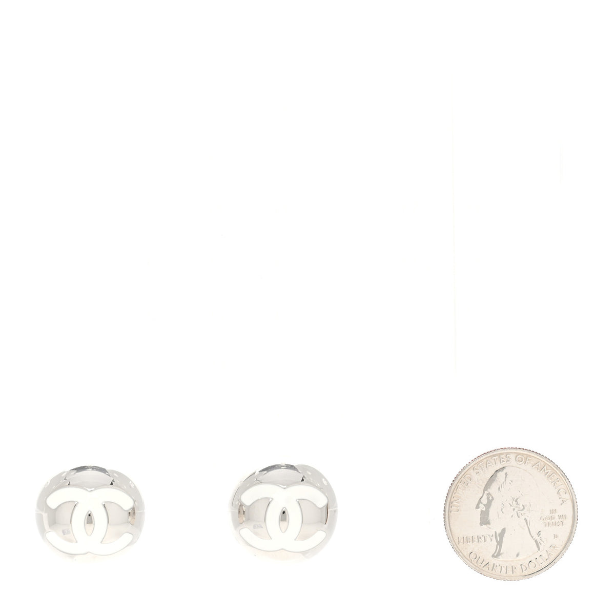 Chanel Metal Enamel CC Round Dome Earrings Silver White 2 of 5