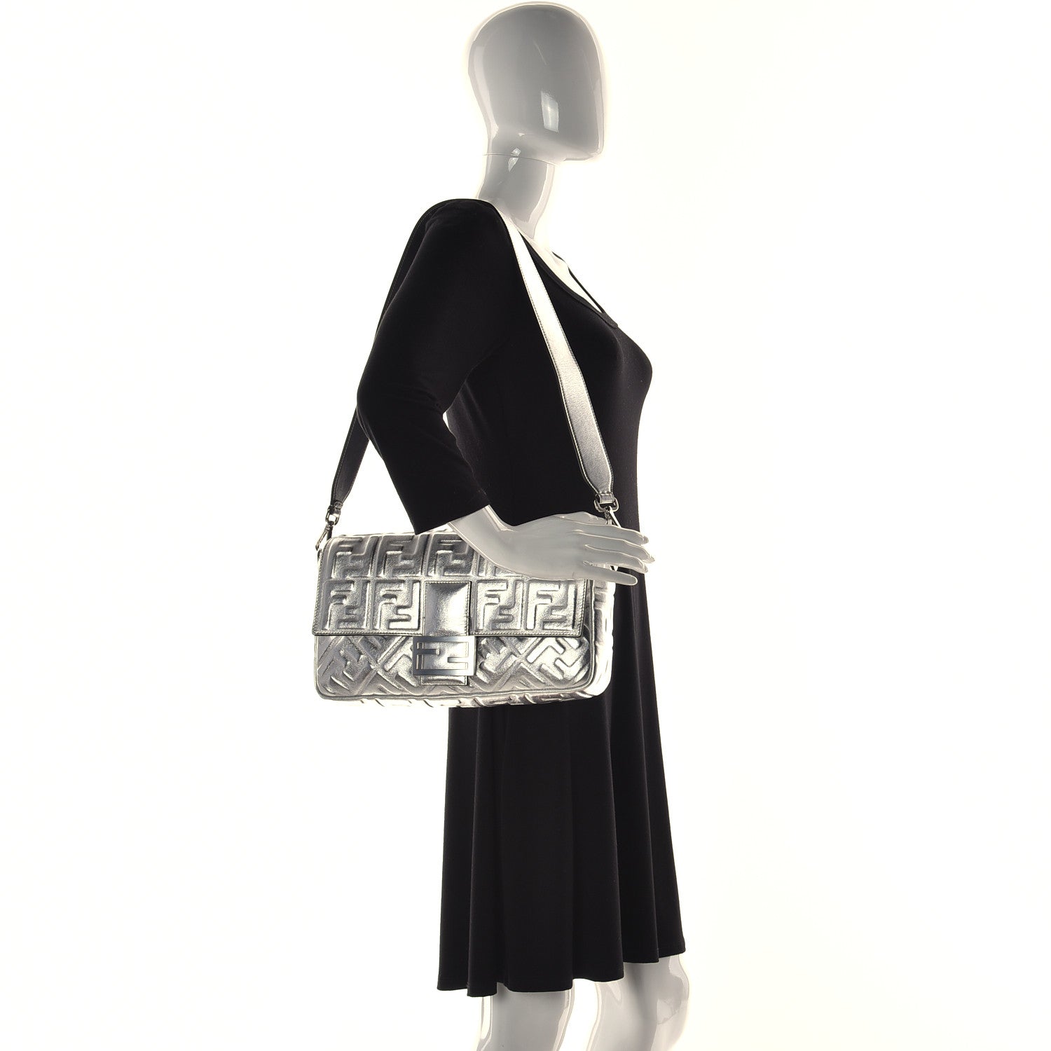 Fendi Vitello Catalan Mirror FF 1974 Embossed Large Baguette Argento 4 of 15