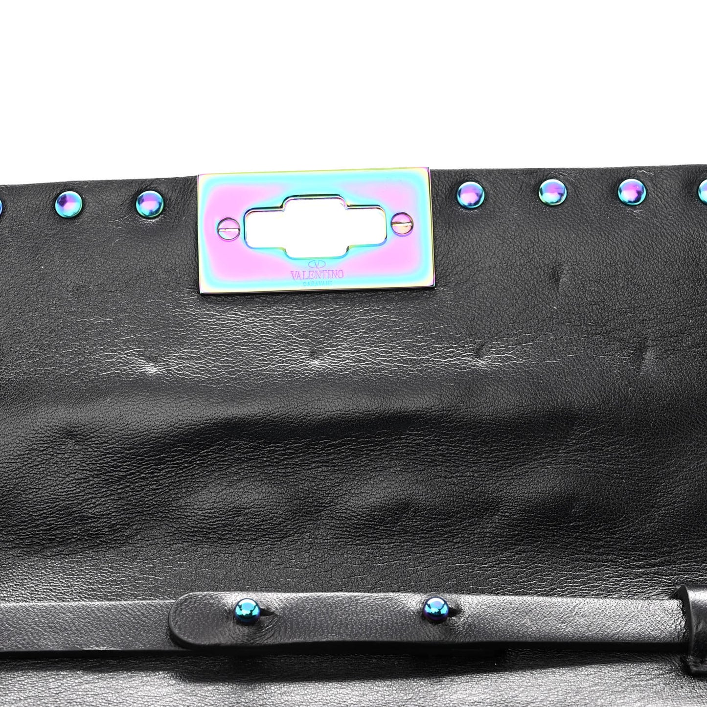 Lambskin Oil Slick Rockstud Spike Wallet on Chain Black