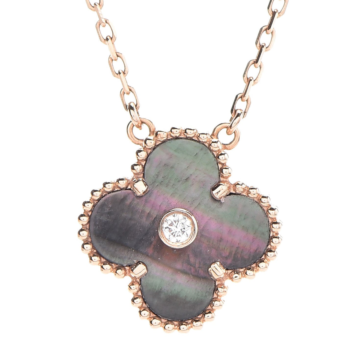 18K Pink Gold Grey Mother of Pearl Diamond Vintage Alhambra Pendant Necklace