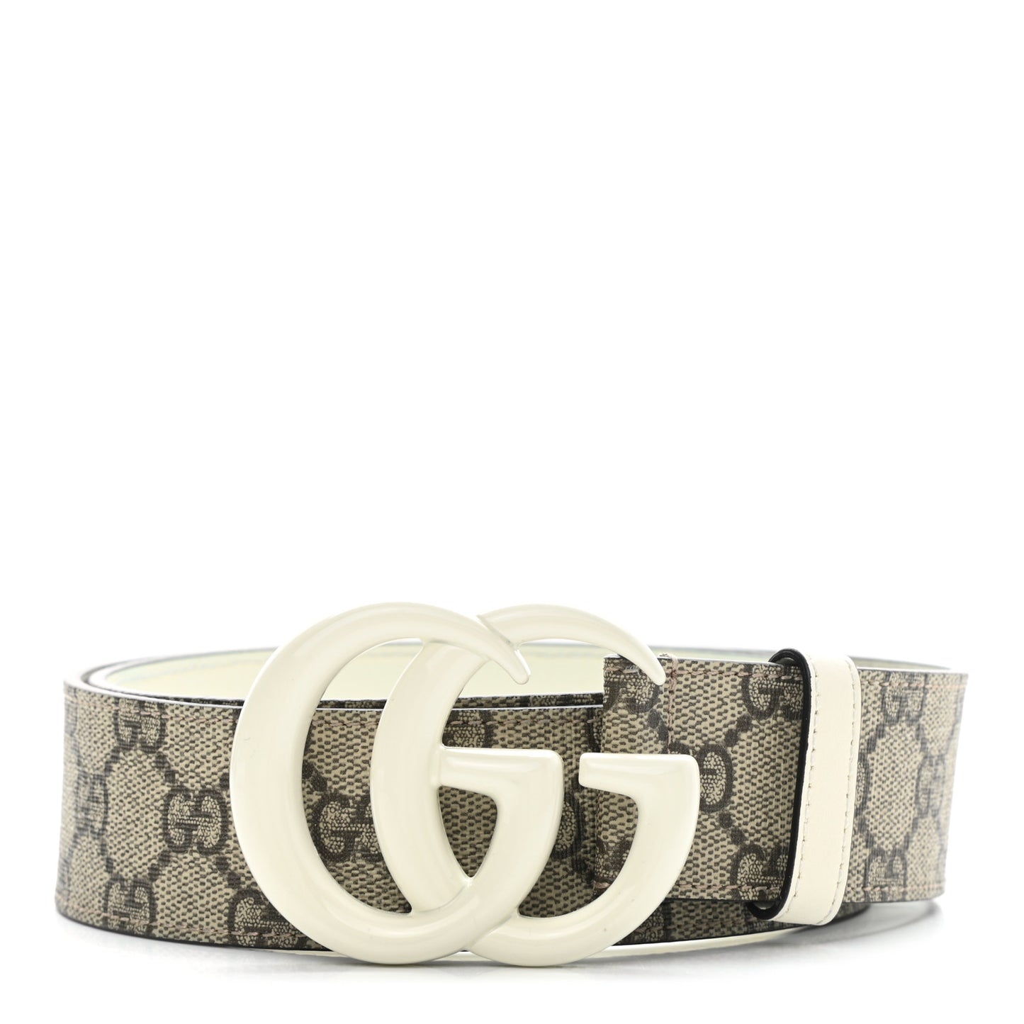 GG Supreme Monogram Plutone Calfskin Enamel Double G 40mm Belt 80 32 Beige Ebony Mystic White