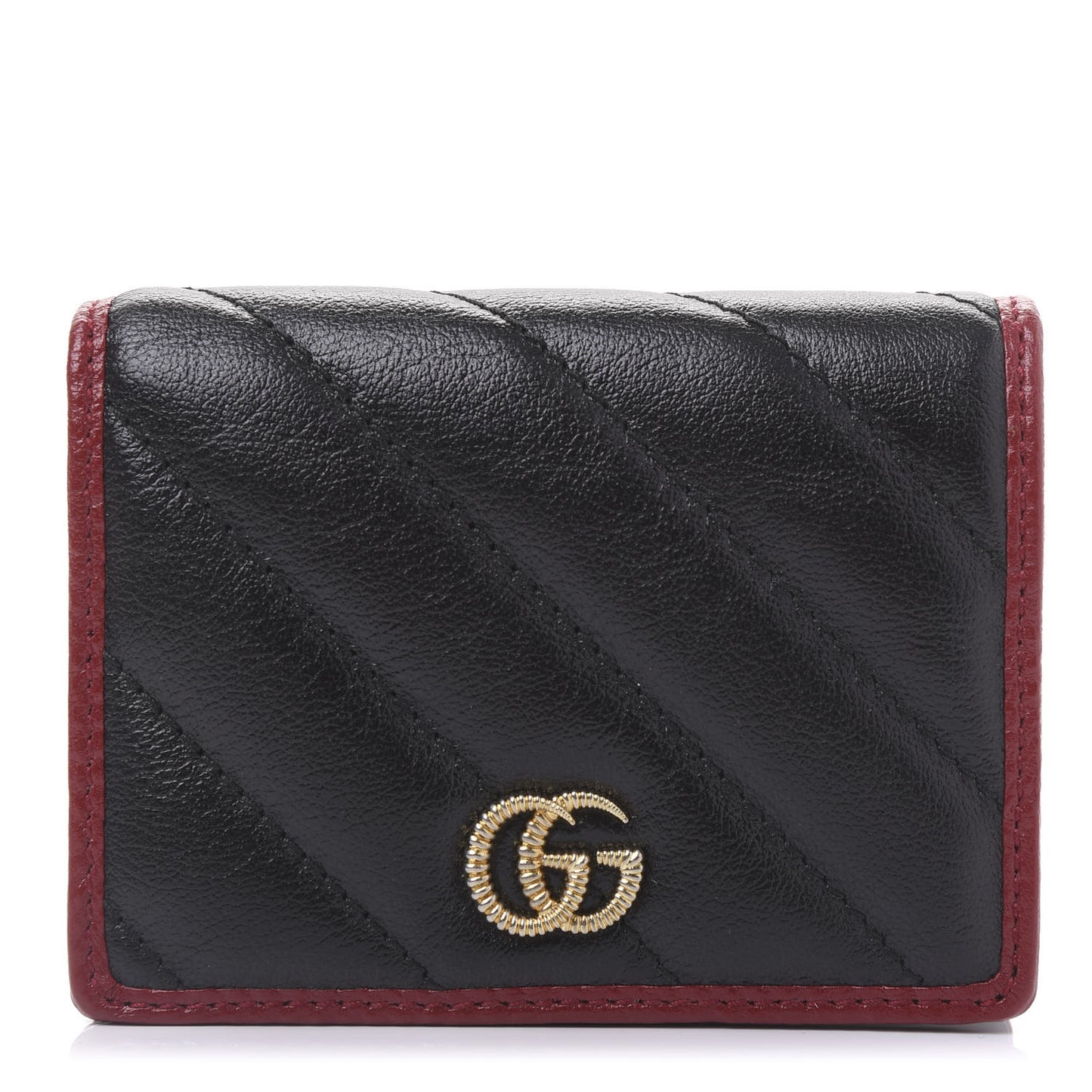 Vintage Effect Calfskin Matelasse Diagonal Torchon GG Marmont Card Case Wallet Black Romantic Cherry