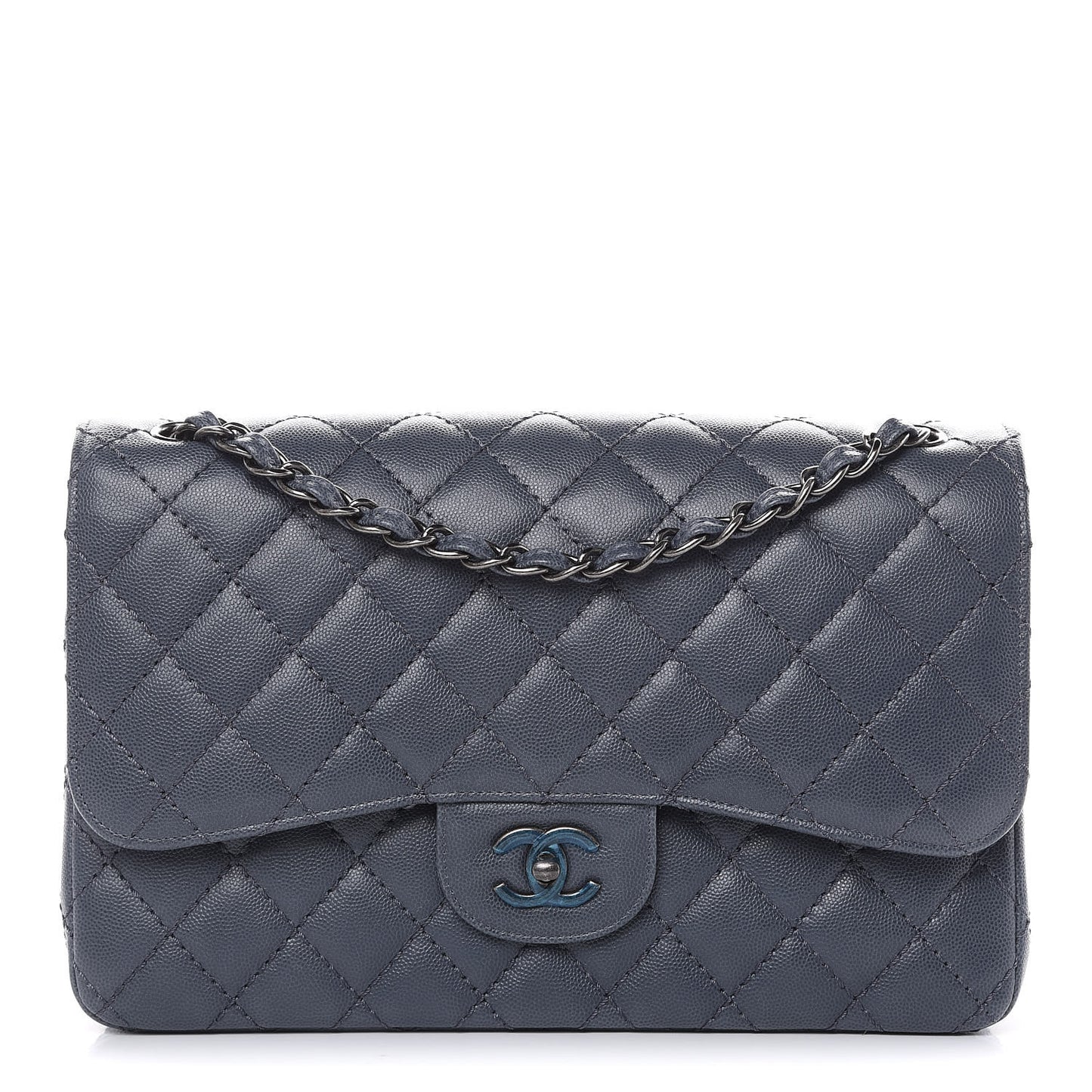 Caviar Quilted Jumbo Double Flap Grey