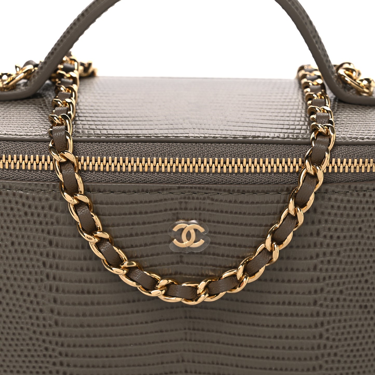 Calfskin Lizard Embossed Top Handle Vanity With Chain Dark Khaki