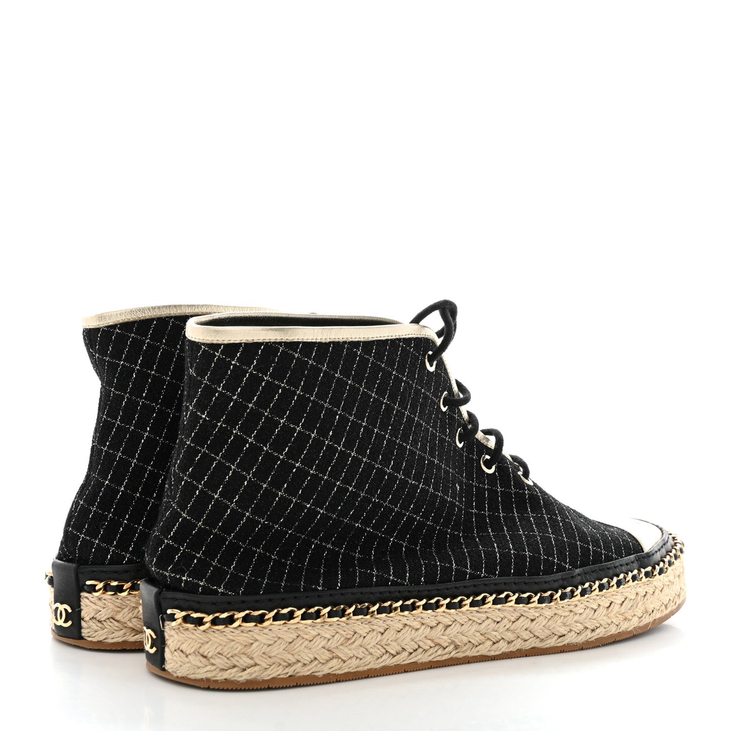 Tweed Lambskin Chain Lace Up High Top Espadrille Sneakers 36 Black Gold