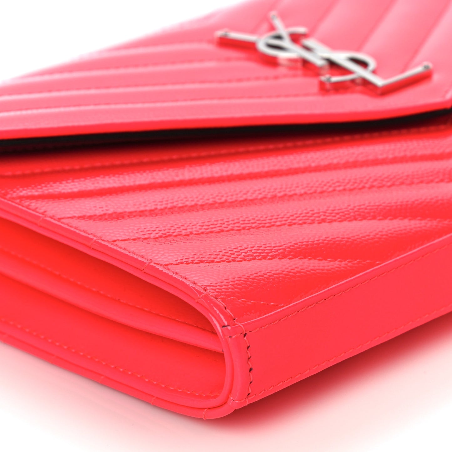 Patent Grain De Poudre Matelasse Chevron Monogram Chain Wallet Neon Pink