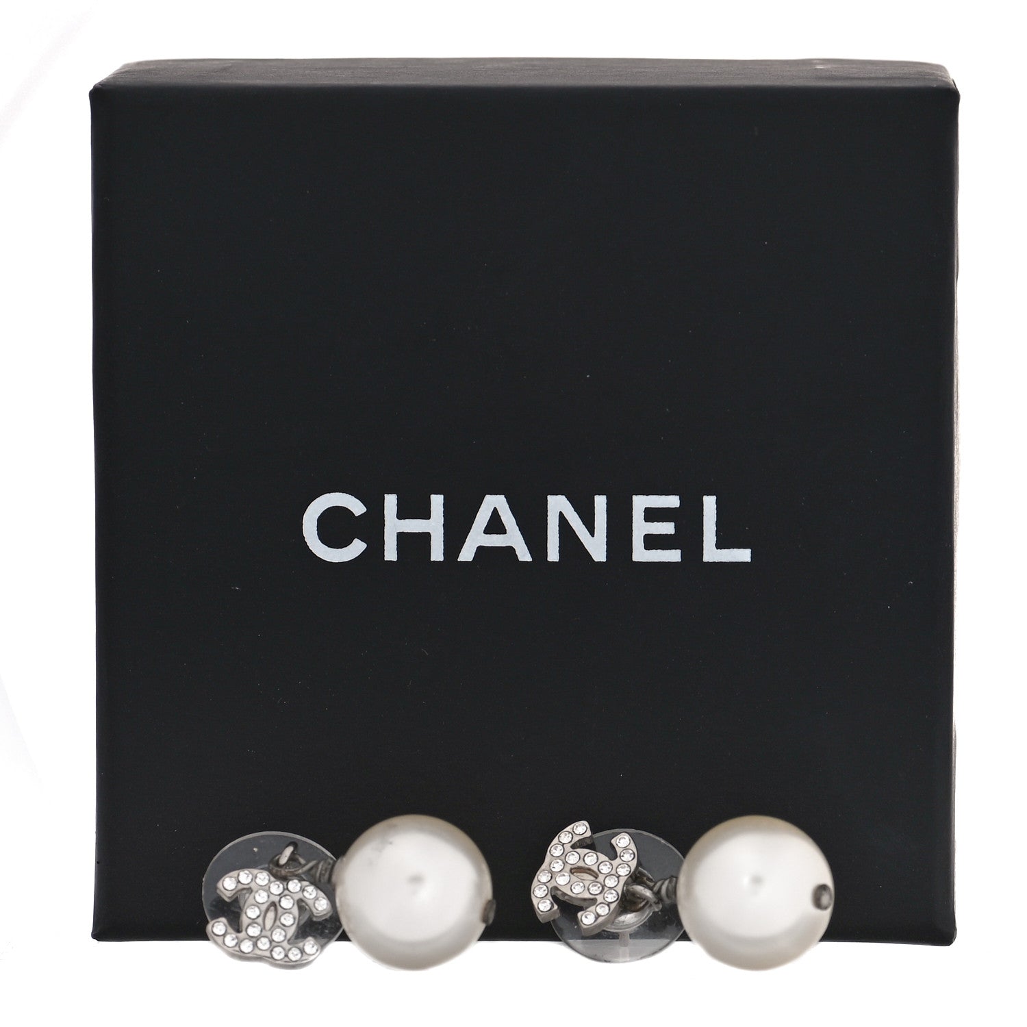 Chanel Crystal Pearl CC Drop Earrings Silver Pearly White 5 of 5