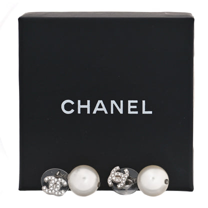 Chanel Crystal Pearl CC Drop Earrings Silver Pearly White 5 of 5