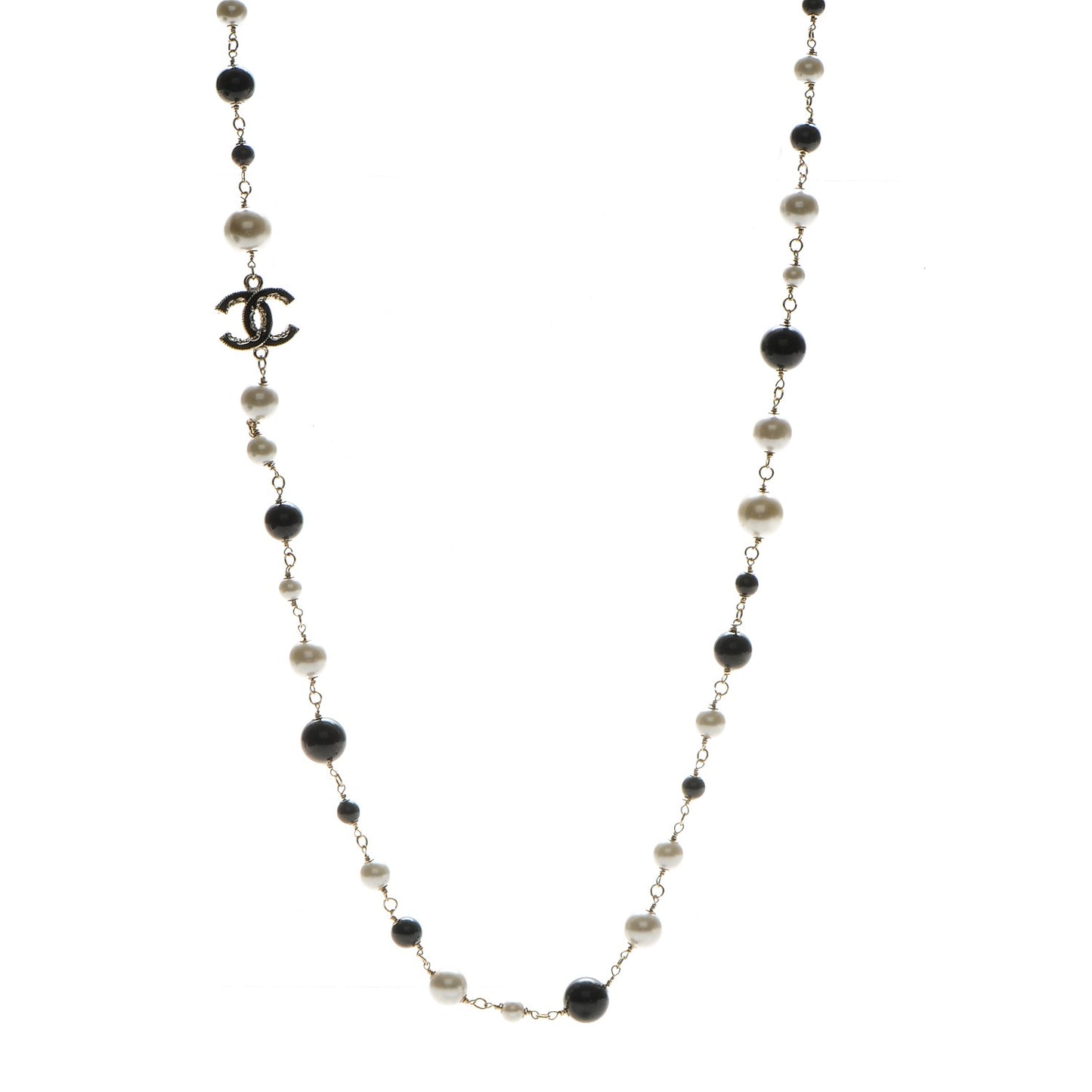 Pearl Bead Enamel CC Long Necklace Light Gold Black Ivory