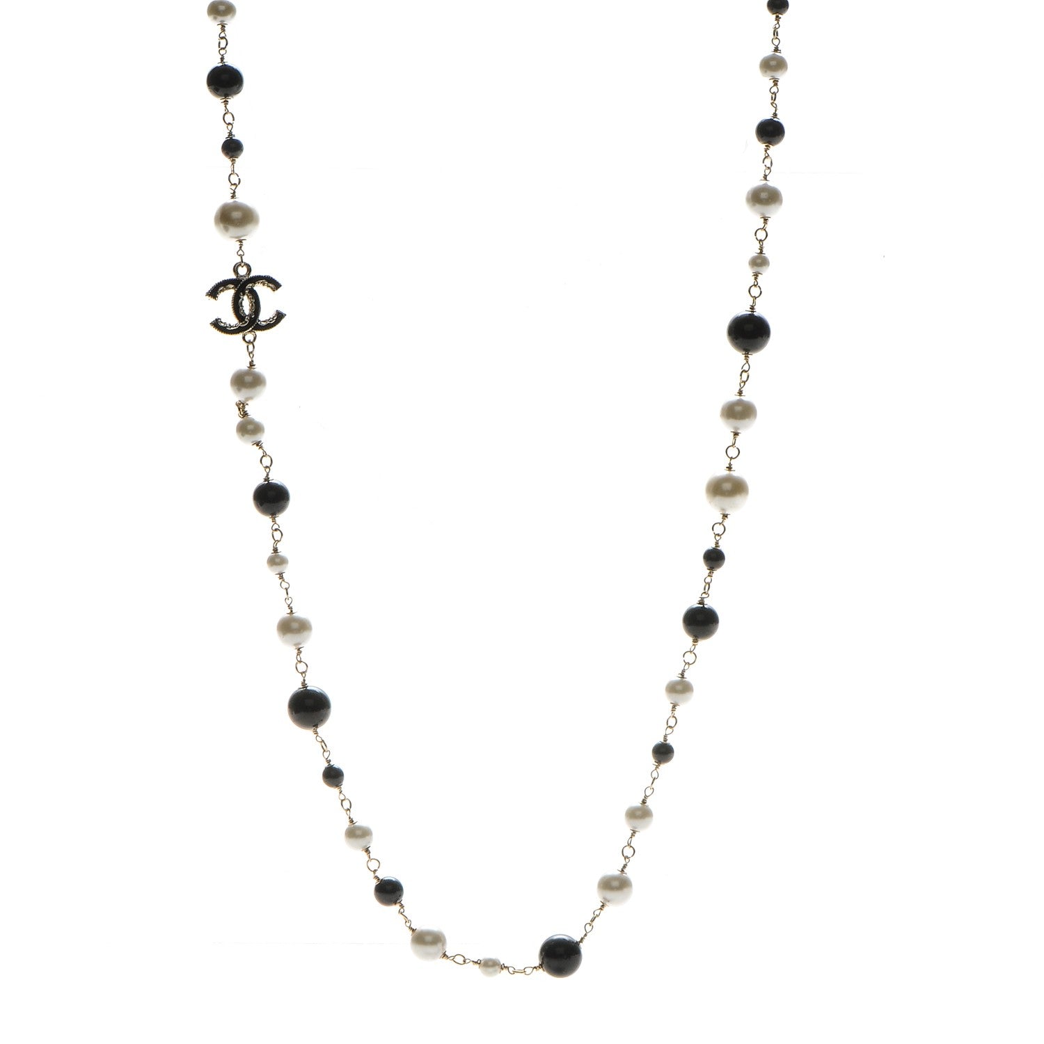 Chanel Pearl Bead Enamel CC Long Necklace Light Gold Black Ivory 1 of 4