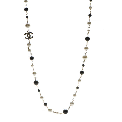 Chanel Pearl Bead Enamel CC Long Necklace Light Gold Black Ivory 1 of 4