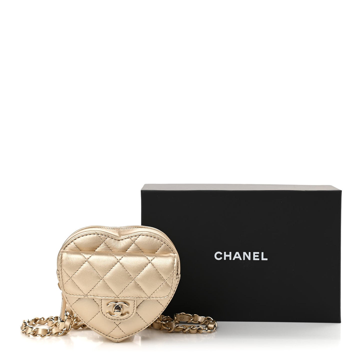 Metallic Lambskin Quilted CC In Love Heart Waist Belt Bag With Chain Gold