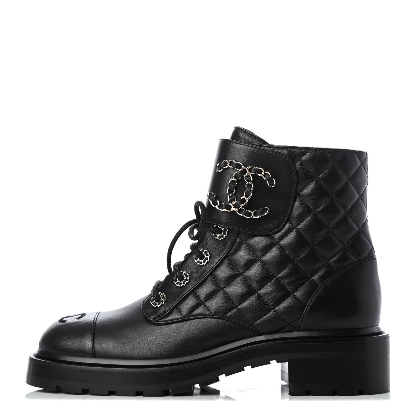Shiny Lambskin Quilted Lace Up Combat Boots 38.5 Black